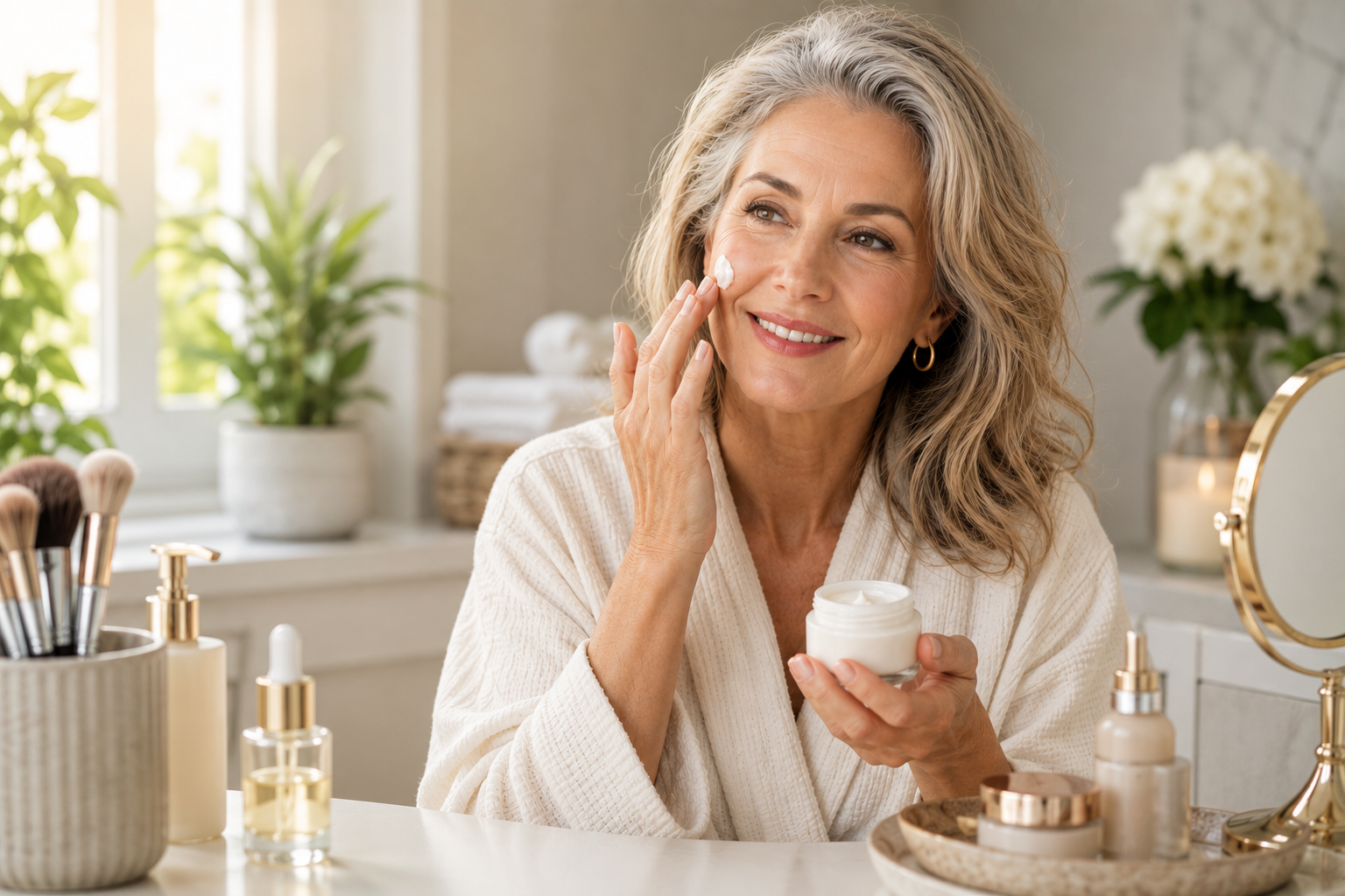 Woman in her fifties applying moisturizer at a bright bathroom vanity