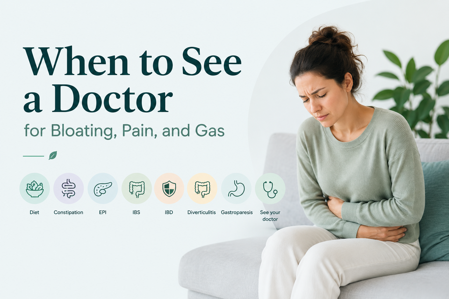 Woman sitting on a sofa holding her abdomen, with icons for diet, constipation, EPI, IBS, IBD, diverticulitis and gastroparesis