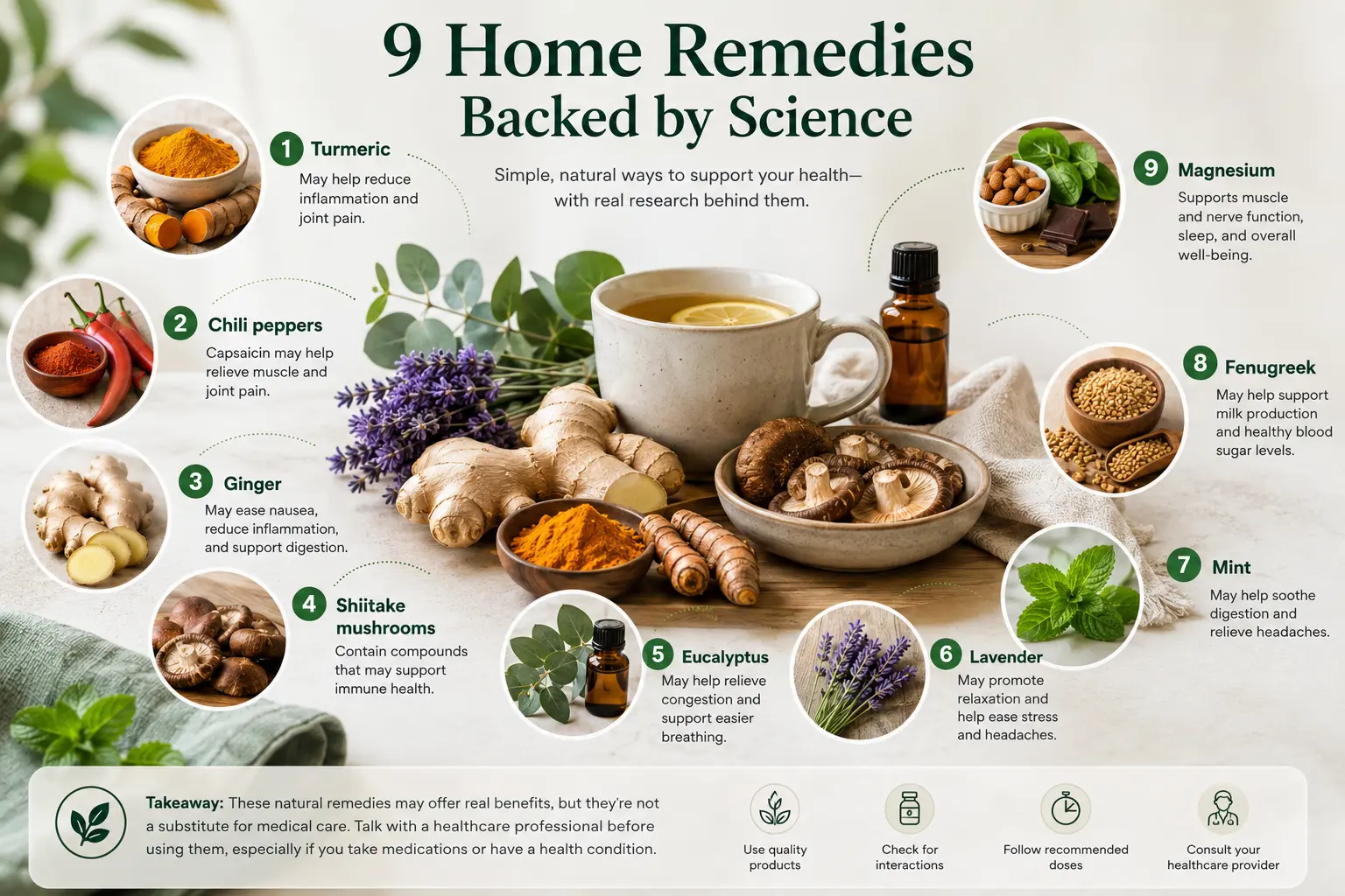 Infographic of nine science-backed home remedies: turmeric, chili peppers, ginger, shiitake mushrooms, eucalyptus, lavender, mint, fenugreek and magnesium