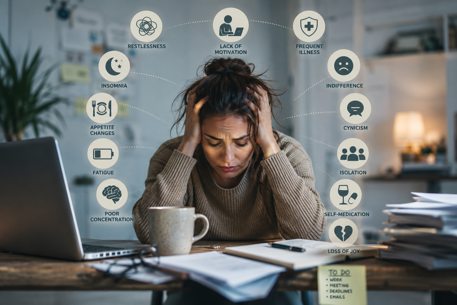 A woman at a cluttered desk holding her head, surrounded by icons for burnout symptoms including insomnia, fatigue, isolation and loss of joy