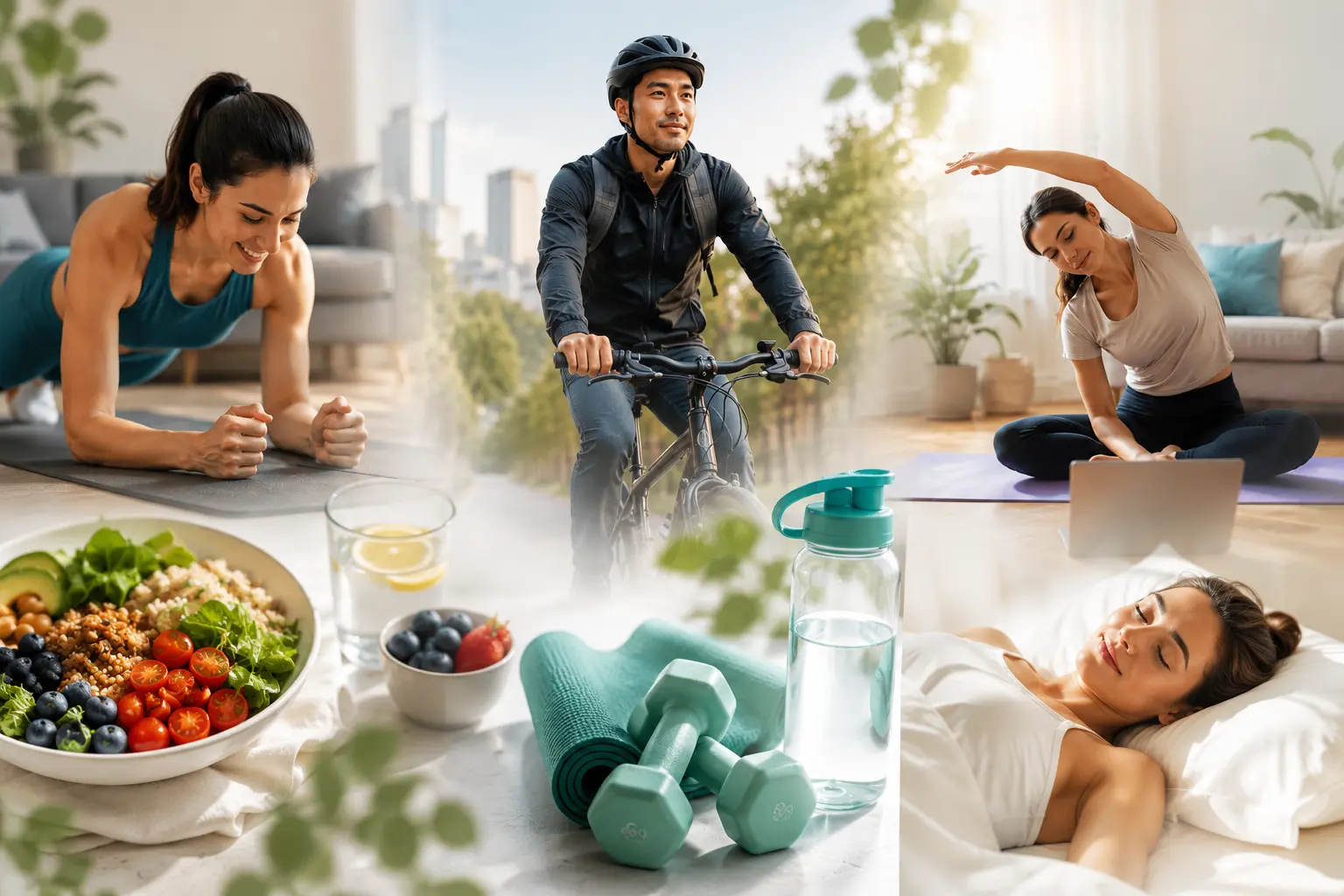 People fitting exercise into a busy day: a home plank, running outdoors, cycling to work and stretching at home