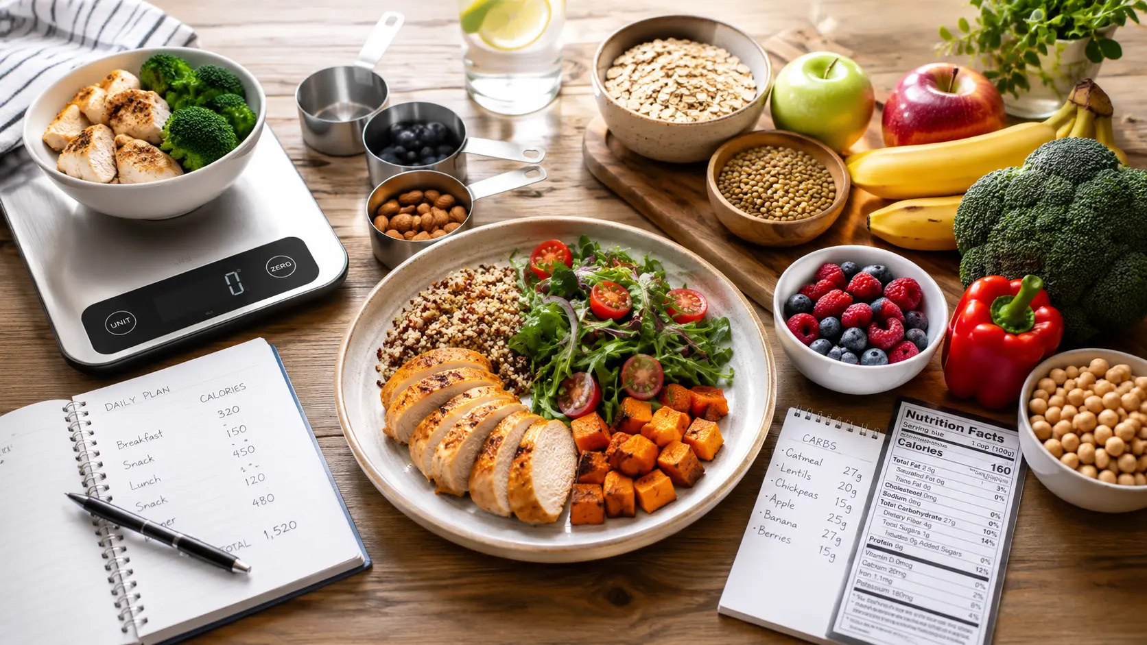 Kitchen scale, food diary, nutrition labels and balanced meals laid out on a wooden table