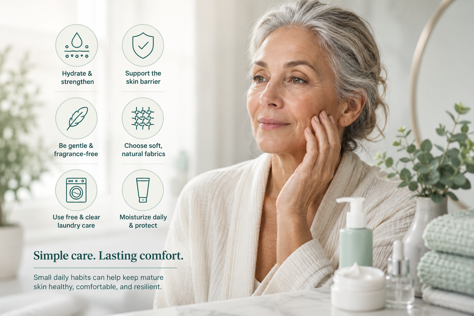A woman with grey hair touching her cheek beside gentle skincare products, with icons for hydrating, barrier support, fragrance-free care, soft fabrics, free and clear laundry, and daily moisturizing