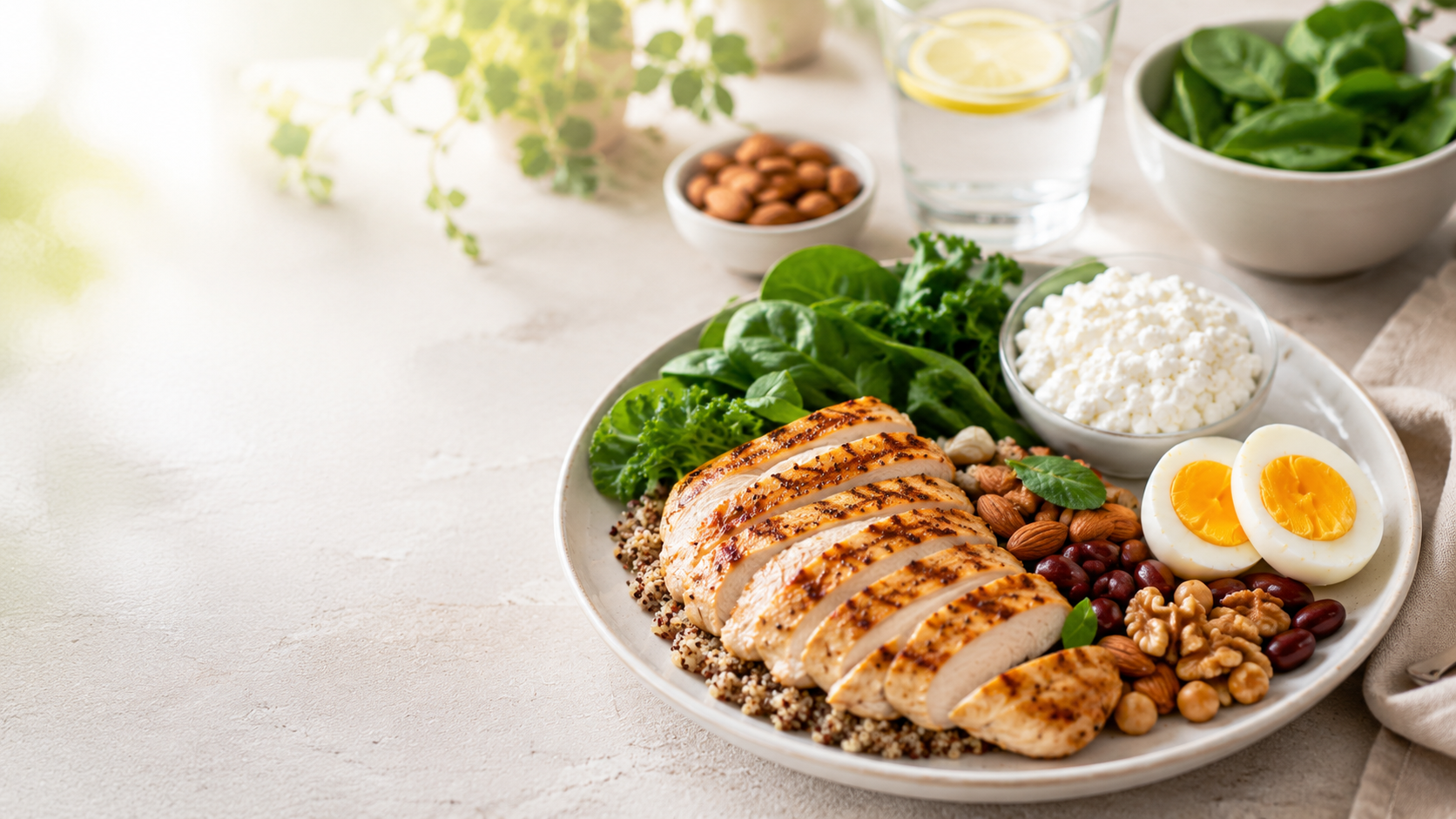 High-protein plate with grilled chicken, quinoa, leafy greens, cottage cheese, eggs, nuts and beans