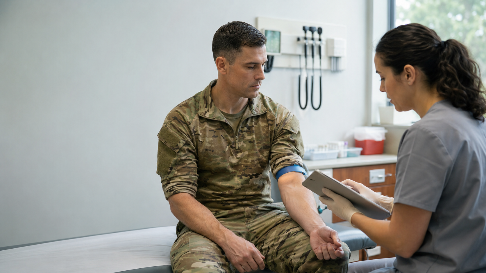 A service member in uniform having blood drawn during a medical exam by a clinician holding a tablet