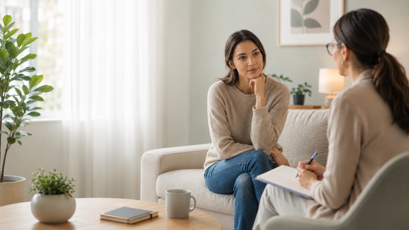 A client sitting on a couch in a calm, sunlit room talking with a therapist who is taking notes